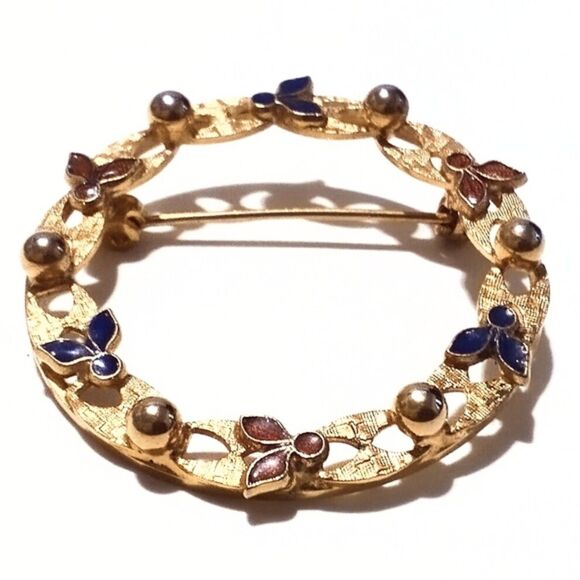Vintage Gold Tone Red & Blue Enamel Mid Century Circle Brooch Pin - Picture 3 of 5